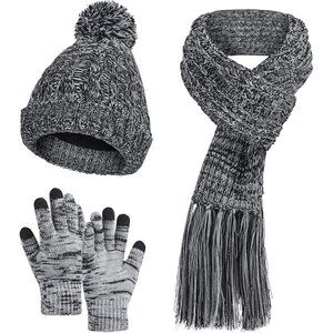 Womens Winter Beanie Hat Scarf Gloves Set 3 in 1 Thick Knit Warm Pompom Cap